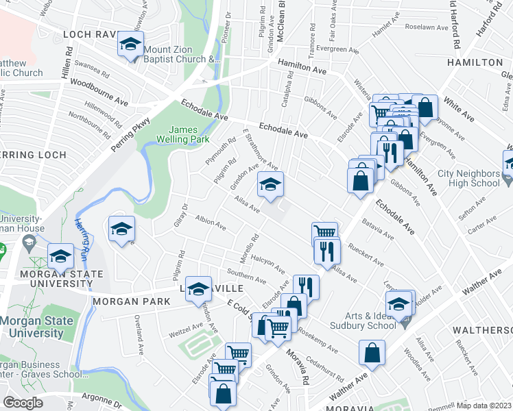 map of restaurants, bars, coffee shops, grocery stores, and more near 2608 Ailsa Avenue in Baltimore
