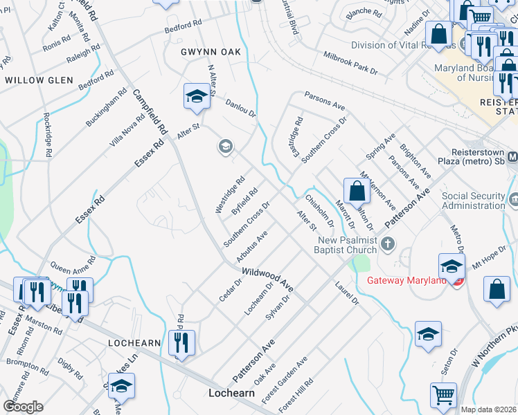 map of restaurants, bars, coffee shops, grocery stores, and more near 3832 Southern Cross Drive in Baltimore