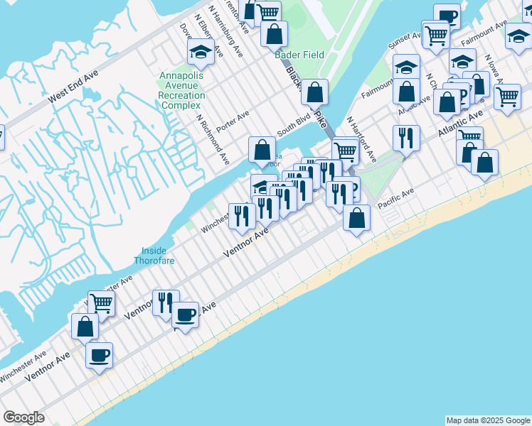 map of restaurants, bars, coffee shops, grocery stores, and more near 4115 Ventnor Avenue in Atlantic City