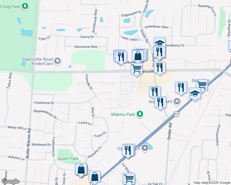 map of restaurants, bars, coffee shops, grocery stores, and more near 1261 Firethorn Drive in Mason