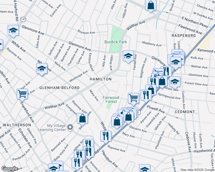map of restaurants, bars, coffee shops, grocery stores, and more near 6003 Belle Vista Avenue in Baltimore