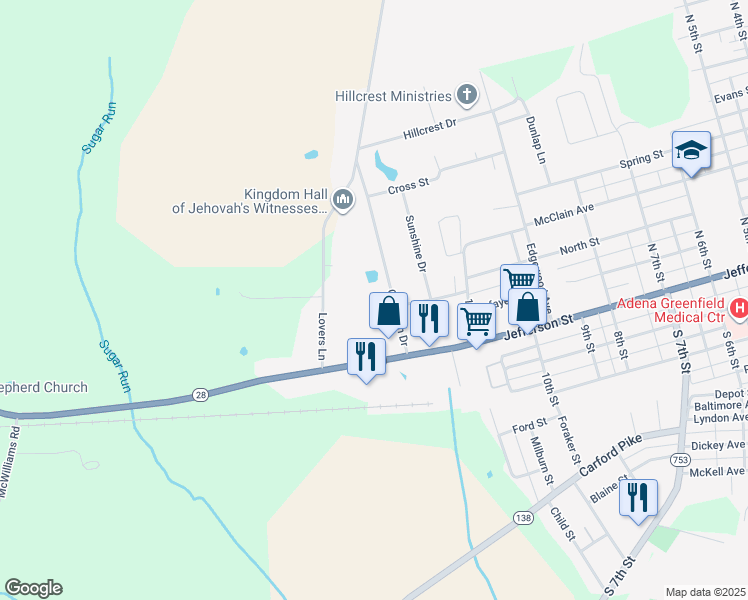 map of restaurants, bars, coffee shops, grocery stores, and more near 13475 State Route 28 in Greenfield