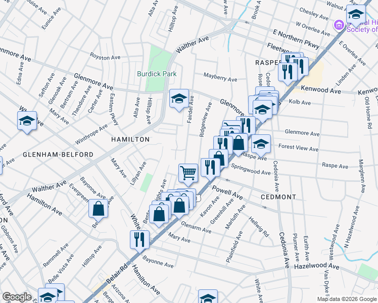 map of restaurants, bars, coffee shops, grocery stores, and more near 6115 Fairdel Avenue in Baltimore