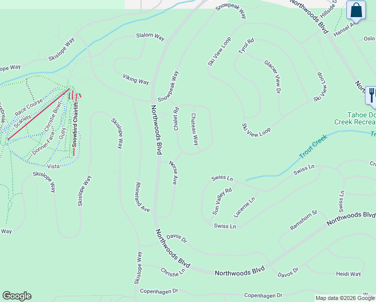 map of restaurants, bars, coffee shops, grocery stores, and more near 11740 Chateau Way in Truckee