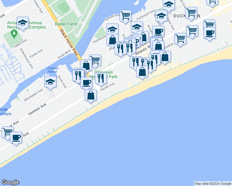 map of restaurants, bars, coffee shops, grocery stores, and more near 135 South Wilson Avenue in Atlantic City