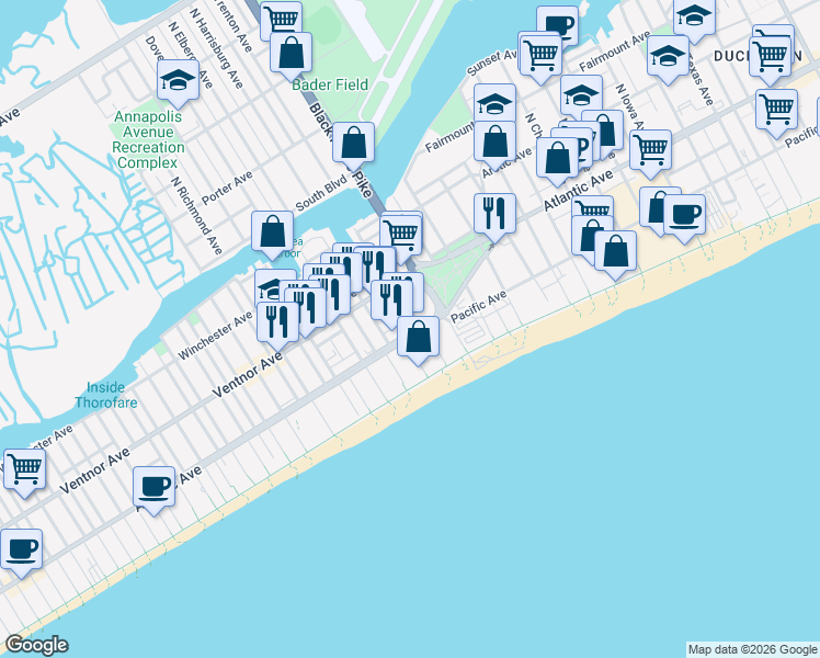 map of restaurants, bars, coffee shops, grocery stores, and more near 3813 Atlantic Avenue in Atlantic City