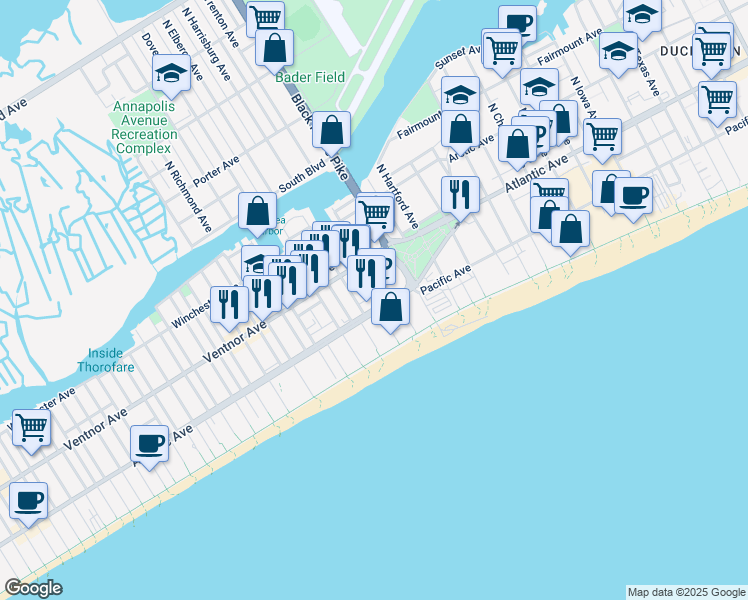 map of restaurants, bars, coffee shops, grocery stores, and more near 3813 Atlantic Avenue in Atlantic City