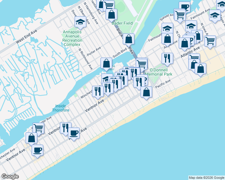 map of restaurants, bars, coffee shops, grocery stores, and more near 21a North Windsor Avenue in Atlantic City