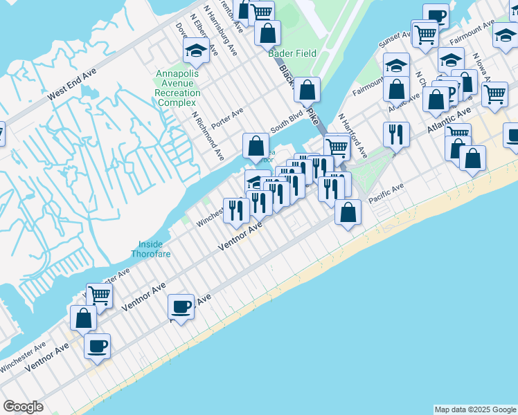 map of restaurants, bars, coffee shops, grocery stores, and more near 21a North Windsor Avenue in Atlantic City