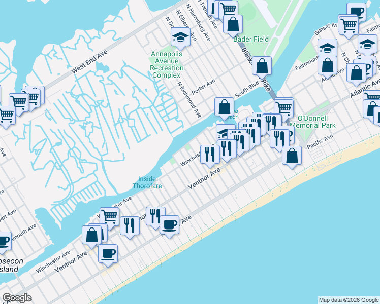 map of restaurants, bars, coffee shops, grocery stores, and more near 4317 Winchester Avenue in Atlantic City