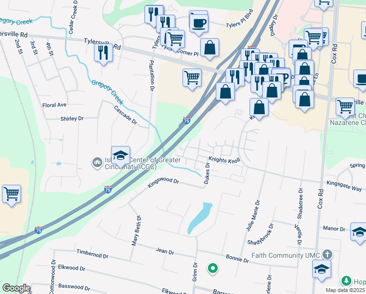 map of restaurants, bars, coffee shops, grocery stores, and more near 7563 Chateau Court in Butler County