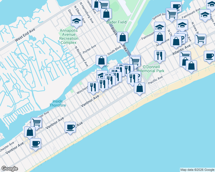 map of restaurants, bars, coffee shops, grocery stores, and more near 21a North Windsor Avenue in Atlantic City