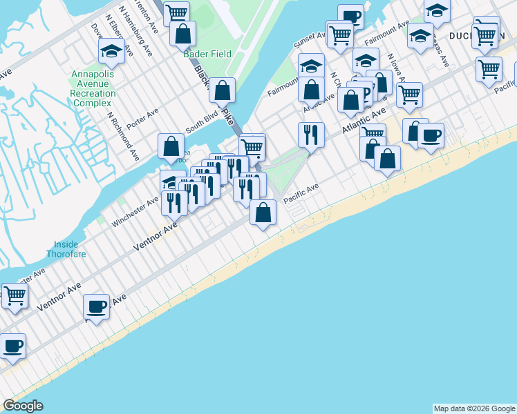 map of restaurants, bars, coffee shops, grocery stores, and more near 3813 Atlantic Avenue in Atlantic City