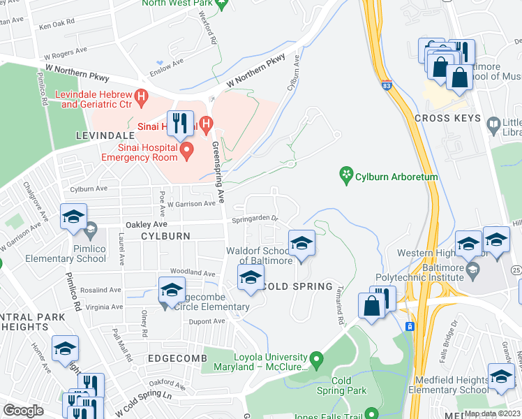 map of restaurants, bars, coffee shops, grocery stores, and more near 4901 Springarden Drive in Baltimore