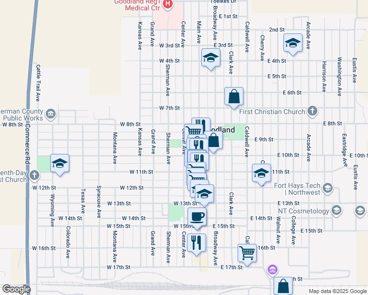 map of restaurants, bars, coffee shops, grocery stores, and more near 948 Center Avenue in Goodland