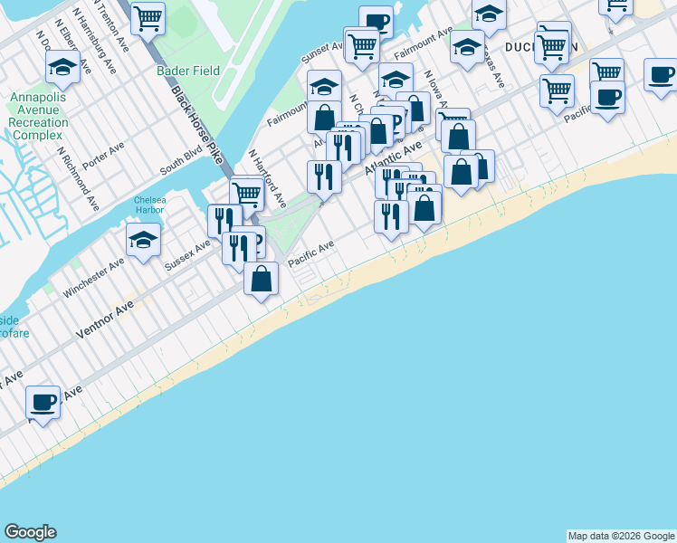 map of restaurants, bars, coffee shops, grocery stores, and more near 135 South Wilson Avenue in Atlantic City
