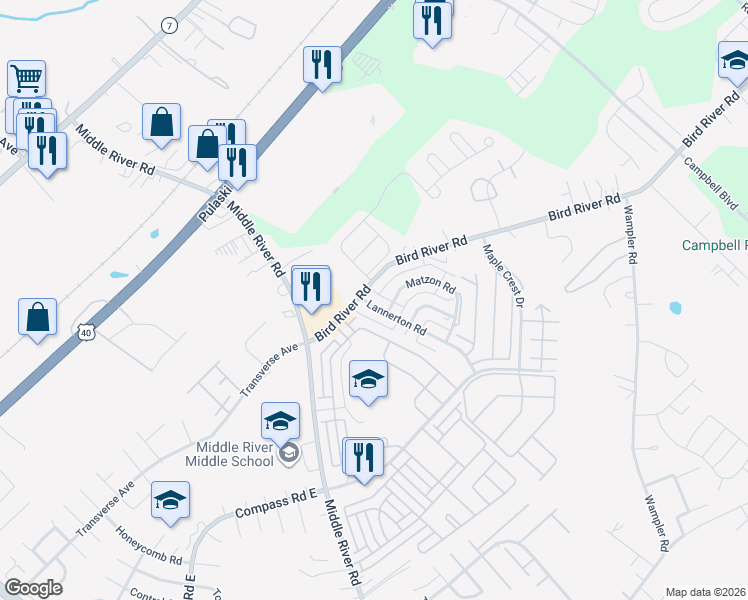 map of restaurants, bars, coffee shops, grocery stores, and more near 827 Lannerton Road in Middle River