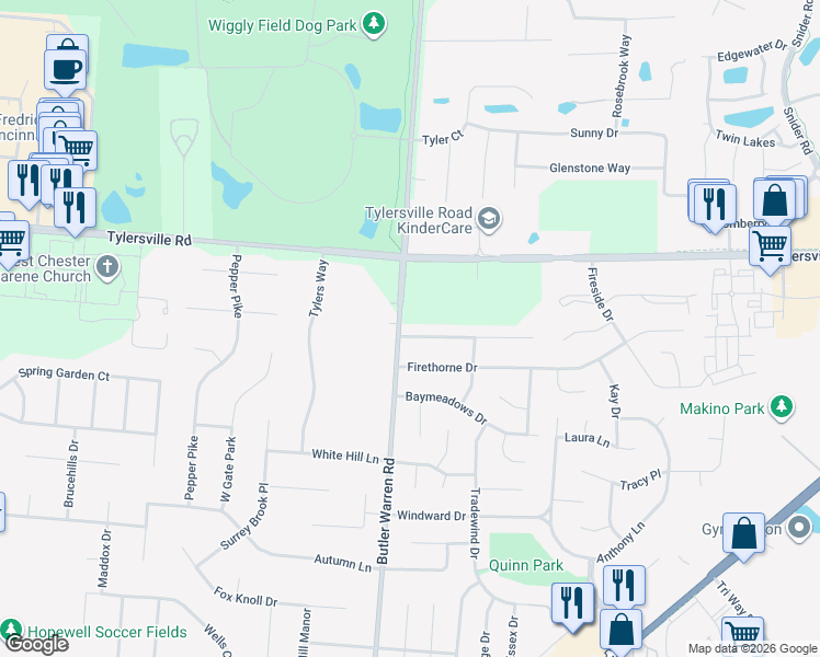 map of restaurants, bars, coffee shops, grocery stores, and more near 6974 Grand Oaks Court in Mason