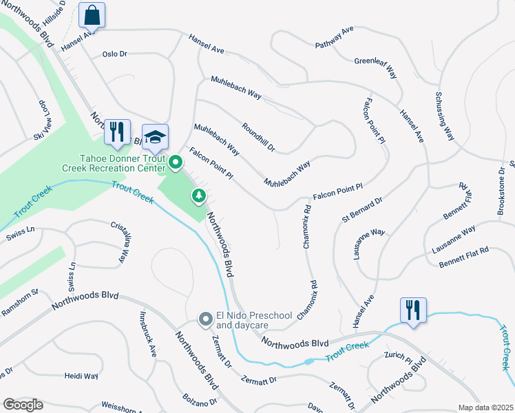 map of restaurants, bars, coffee shops, grocery stores, and more near 13083 Falcon Point Place in Truckee