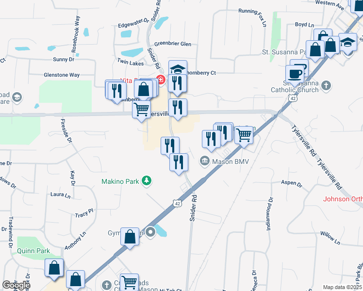 map of restaurants, bars, coffee shops, grocery stores, and more near 6202 Snider Road in Mason