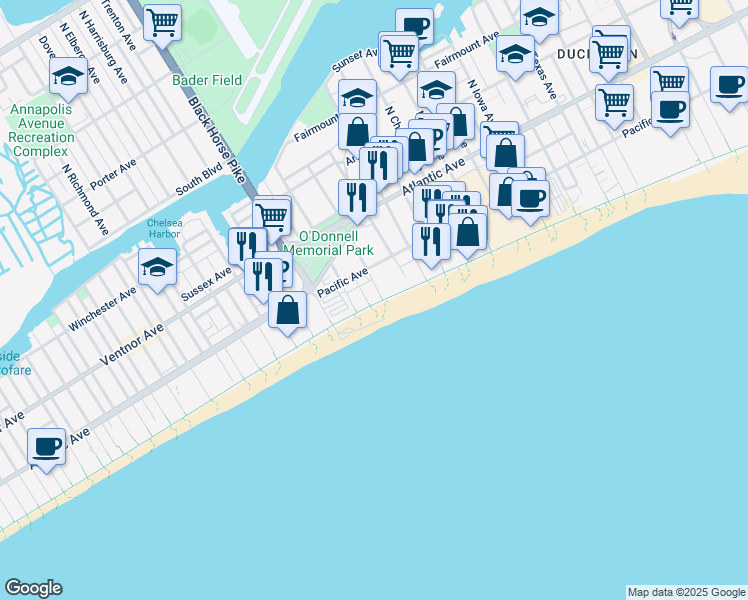 map of restaurants, bars, coffee shops, grocery stores, and more near 3501 Boardwalk in Atlantic City