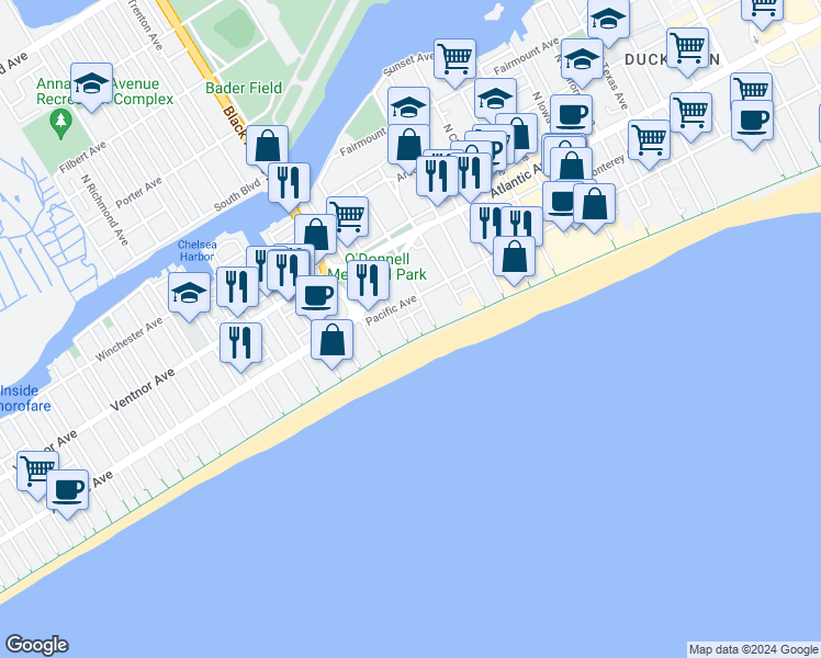 map of restaurants, bars, coffee shops, grocery stores, and more near 3601 Boardwalk in Atlantic City