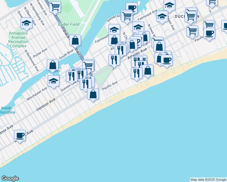 map of restaurants, bars, coffee shops, grocery stores, and more near 3601 Boardwalk in Atlantic City