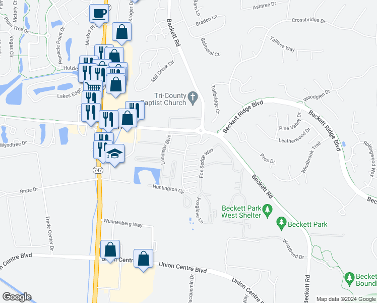 map of restaurants, bars, coffee shops, grocery stores, and more near 8513 Breezewood Court in Beckett Ridge