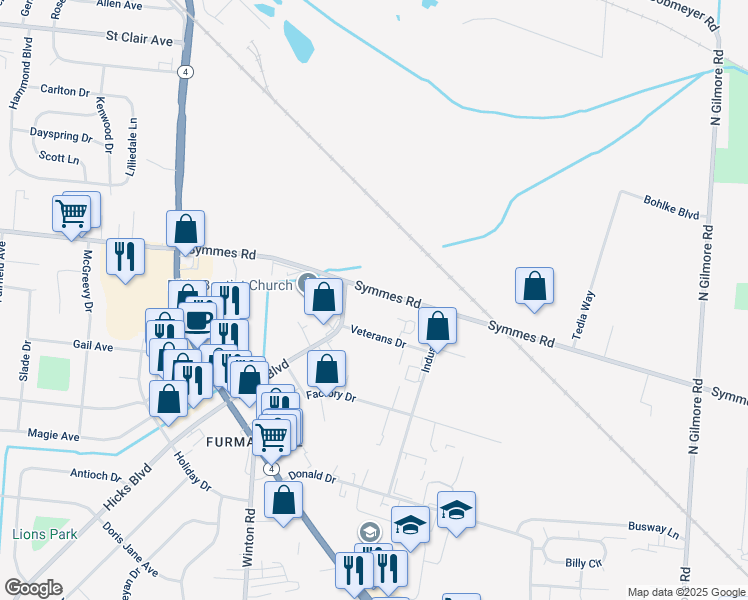 map of restaurants, bars, coffee shops, grocery stores, and more near 1355 Symmes Road in Fairfield