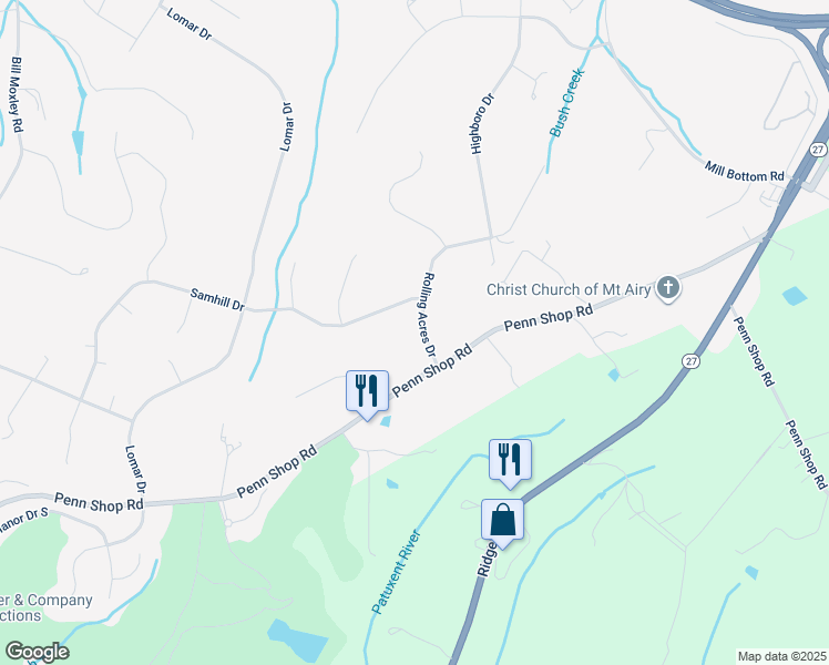 map of restaurants, bars, coffee shops, grocery stores, and more near 4206 Rolling Acres Drive in Mount Airy