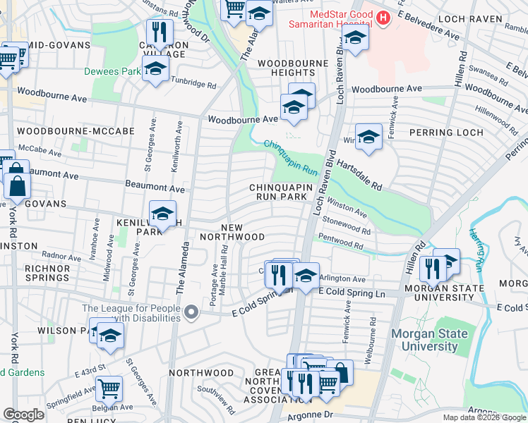 map of restaurants, bars, coffee shops, grocery stores, and more near 1352 Stonewood Road in Baltimore