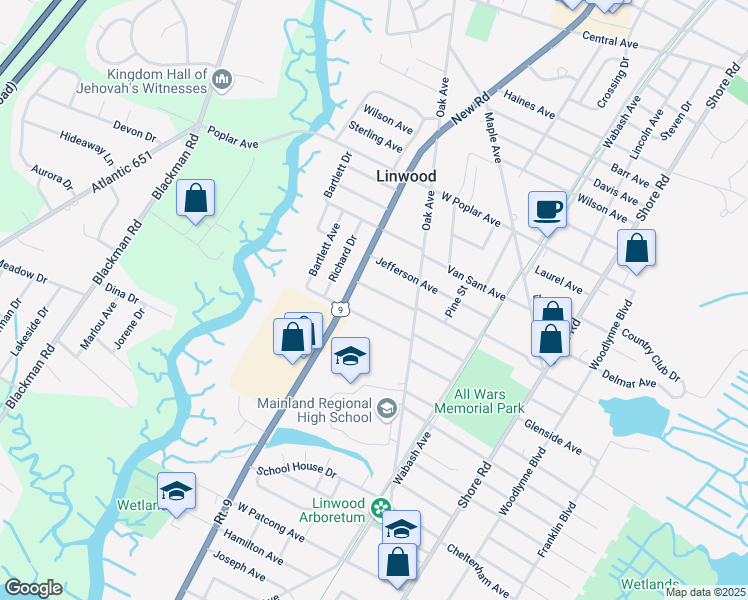 map of restaurants, bars, coffee shops, grocery stores, and more near 412 West Monroe Avenue in Linwood