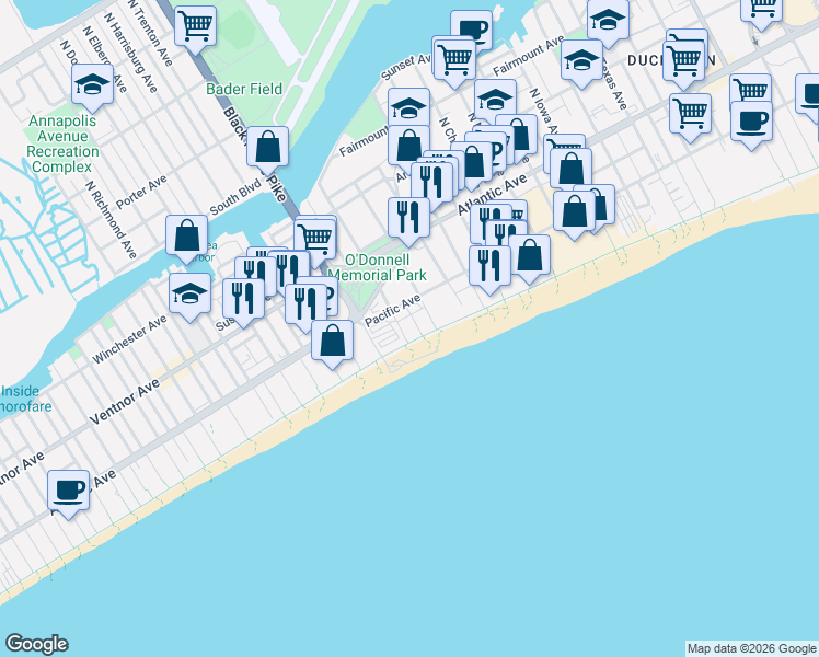 map of restaurants, bars, coffee shops, grocery stores, and more near 3601 Boardwalk in Atlantic City
