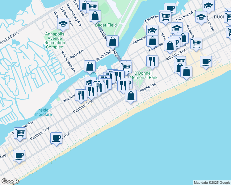 map of restaurants, bars, coffee shops, grocery stores, and more near 31 South Elberon Avenue in Atlantic City