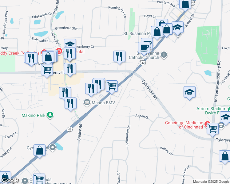 map of restaurants, bars, coffee shops, grocery stores, and more near 730 Reading Road in Mason