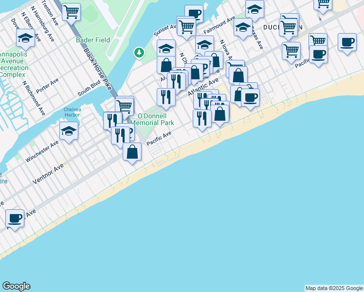 map of restaurants, bars, coffee shops, grocery stores, and more near 3476 Boardwalk in Atlantic City