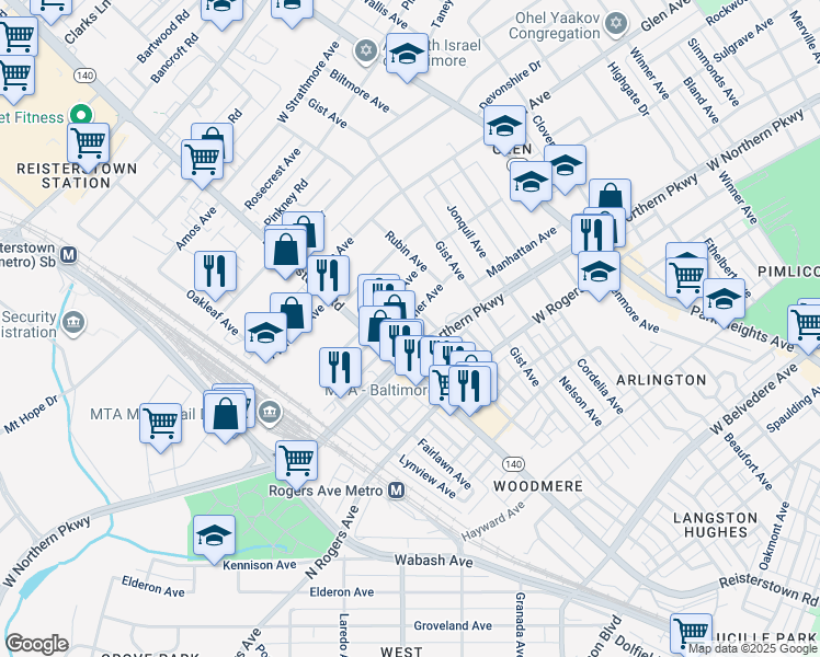 map of restaurants, bars, coffee shops, grocery stores, and more near 4011 Mortimer Avenue in Baltimore