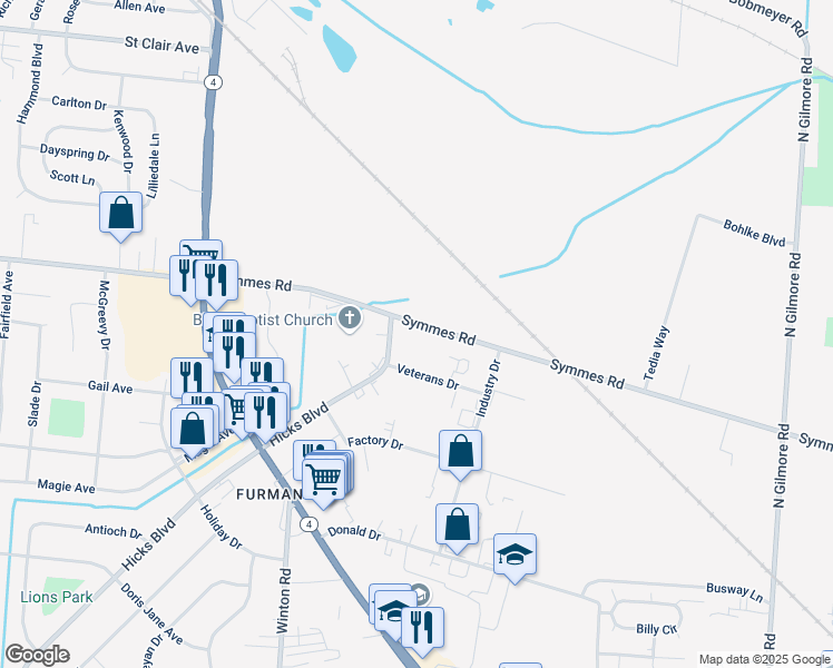 map of restaurants, bars, coffee shops, grocery stores, and more near 1355 Symmes Road in Fairfield
