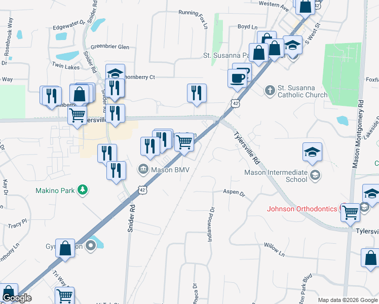 map of restaurants, bars, coffee shops, grocery stores, and more near 730 Reading Road in Mason