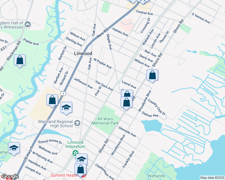 map of restaurants, bars, coffee shops, grocery stores, and more near Wabash Avenue in Linwood