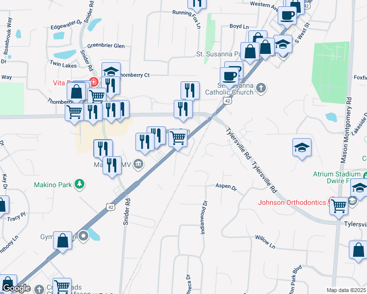 map of restaurants, bars, coffee shops, grocery stores, and more near 730 Reading Road in Mason