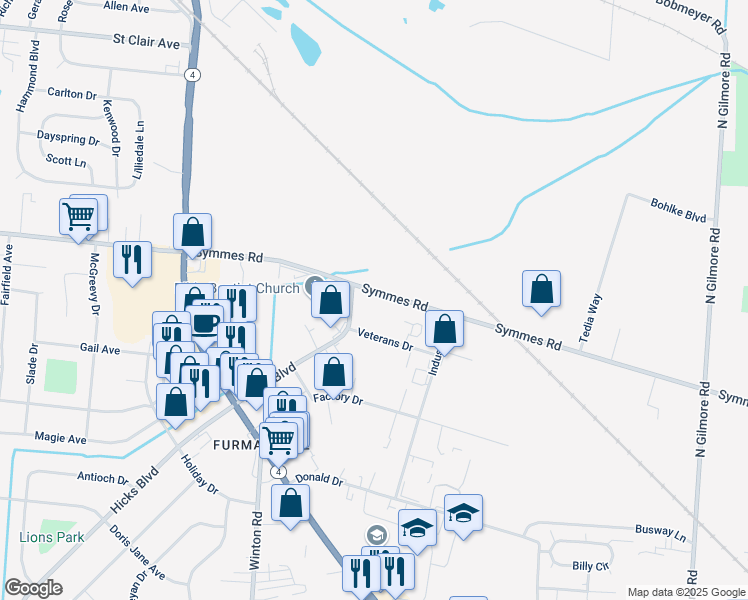 map of restaurants, bars, coffee shops, grocery stores, and more near 1355 Symmes Road in Fairfield
