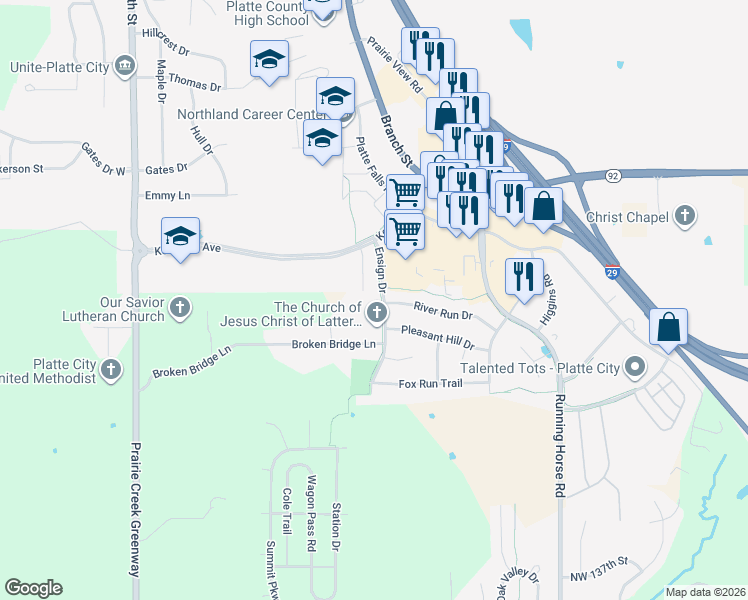 map of restaurants, bars, coffee shops, grocery stores, and more near 1100 River Run Drive in Platte City