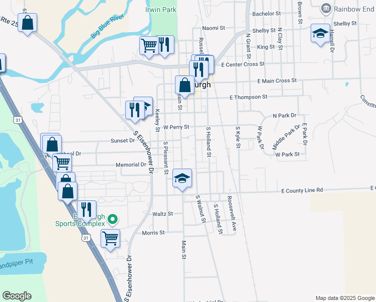map of restaurants, bars, coffee shops, grocery stores, and more near 512 South Walnut Street in Edinburgh