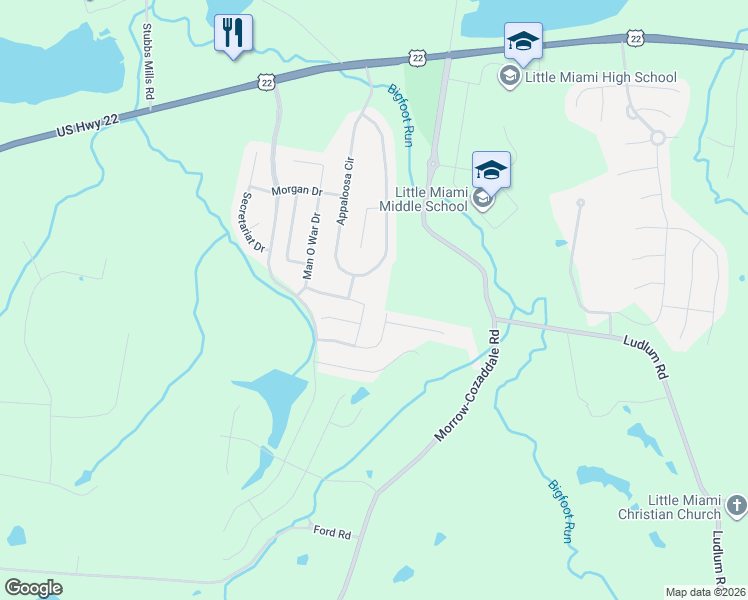 map of restaurants, bars, coffee shops, grocery stores, and more near 2782 Unbridled Way in Morrow