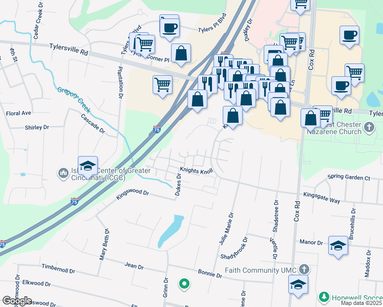 map of restaurants, bars, coffee shops, grocery stores, and more near 7515 Dover Drive in Butler County