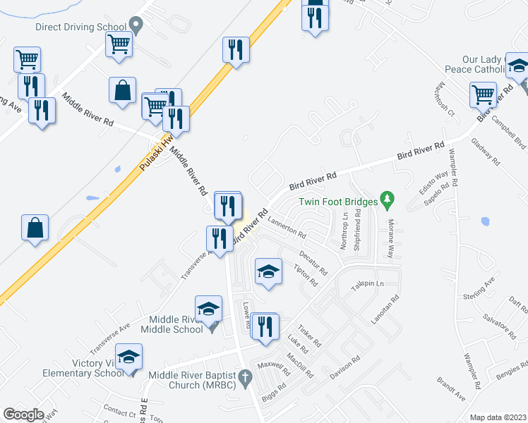 map of restaurants, bars, coffee shops, grocery stores, and more near 9700 Bird River Road in Middle River