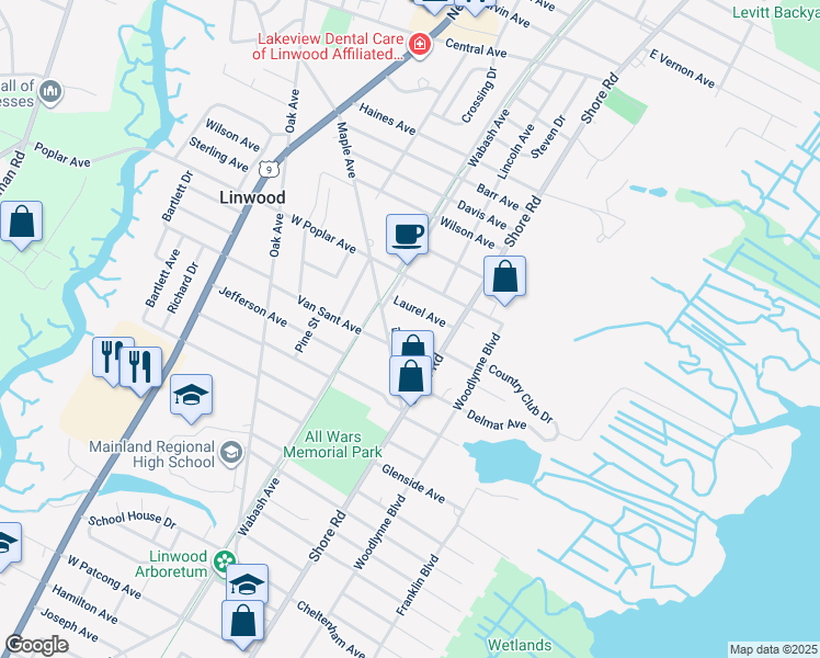 map of restaurants, bars, coffee shops, grocery stores, and more near 14 Elm Avenue in Linwood