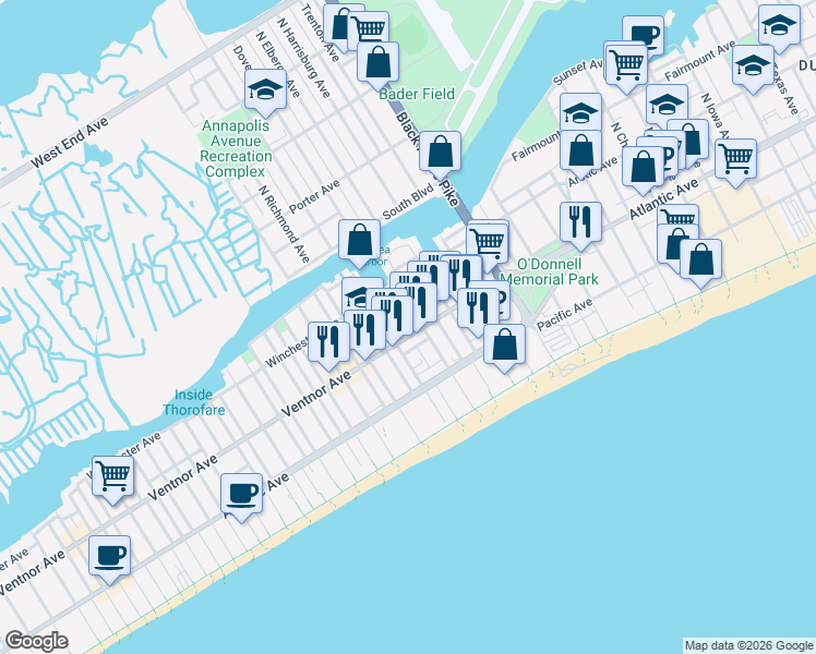 map of restaurants, bars, coffee shops, grocery stores, and more near 4012 Ventnor Avenue in Atlantic City