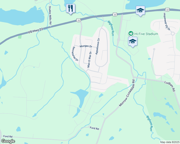 map of restaurants, bars, coffee shops, grocery stores, and more near 2656 Blackgold Court in Morrow